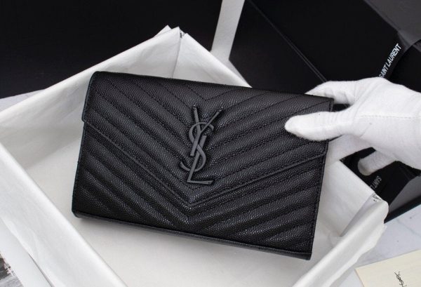 Saint Laurent Matelasse Grain de Poudre Matte Black Monogram Chain Wallet