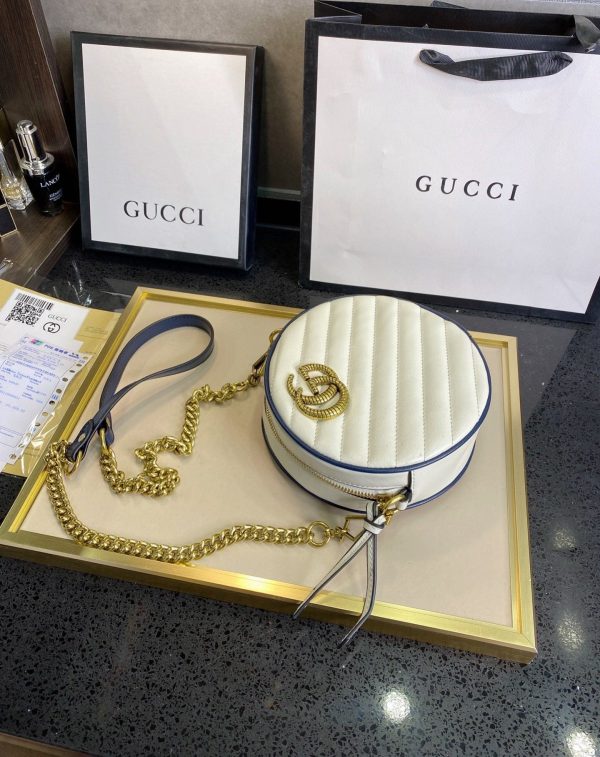 Gucci White Mini Torchon GG Marmont Round Crossbody Bag