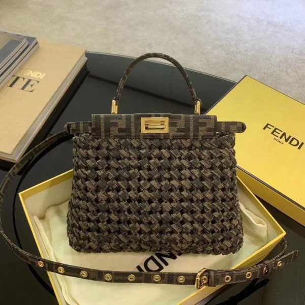 Fendi Brown Jacquard Interlace Iconic Peekaboo Mini Bag