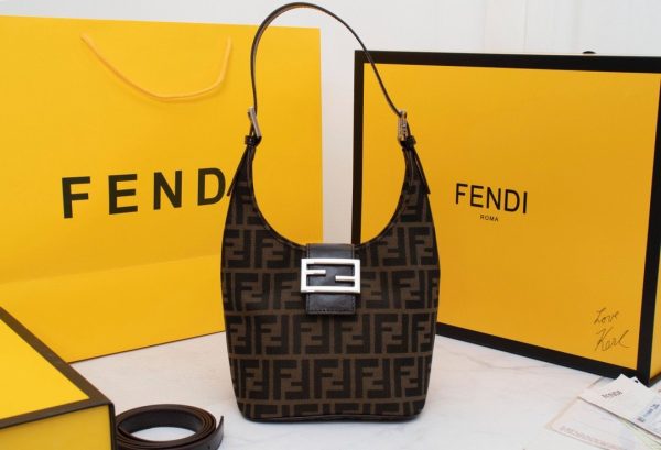 Fendi Zucca Pattern Bucketleather Canvas Hand Bag Brown