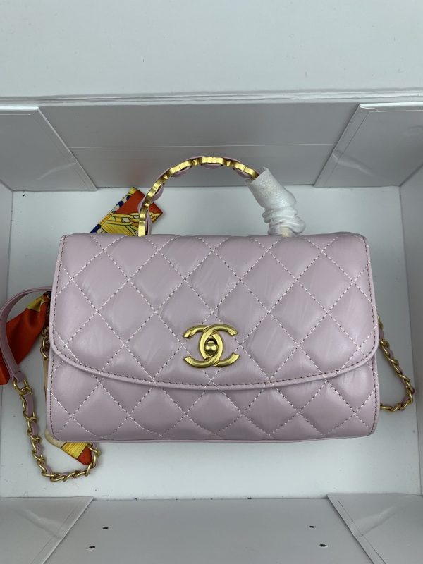 Chanel Mini Flap Bag With Top Handle Lambskin Gold Tone Metal Light Pink