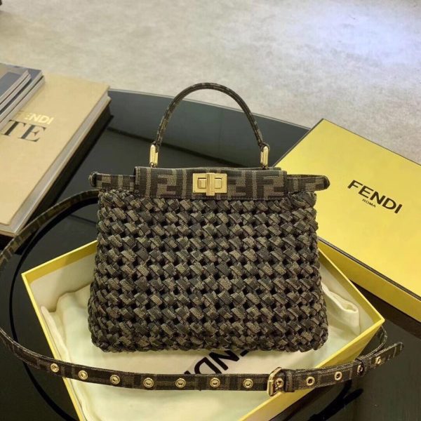 Fendi Brown Jacquard Interlace Iconic Peekaboo Mini Bag