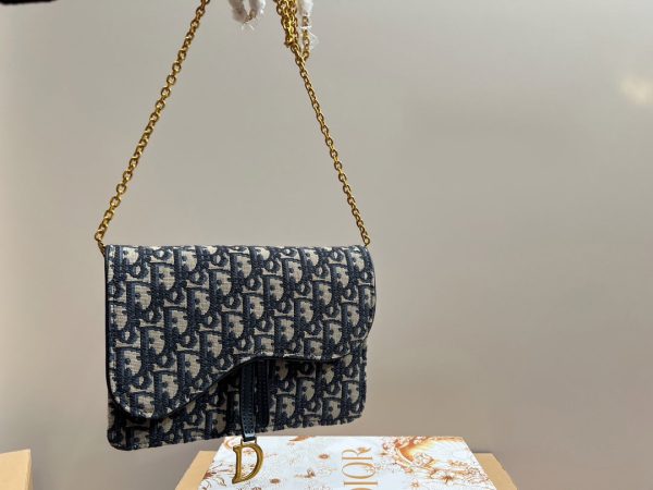Dior Saddle Pouch With Chain Blue Dior Oblique Jacquard Women