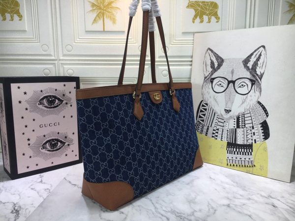 Gucci Ophidia GG Medium Tote Dark Blue And Brown Leather