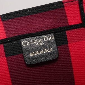 Dior Red Black Plaid Canvas Book Tote Bag