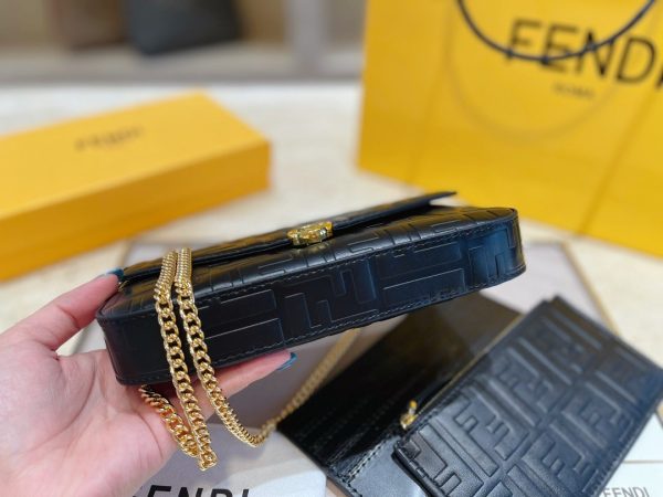 Fendi Black Embossed Logo Leather Wallet on Chain