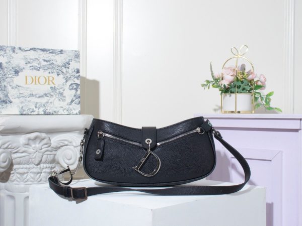 Dior Black Leather Logo Charm Shoulder Bag