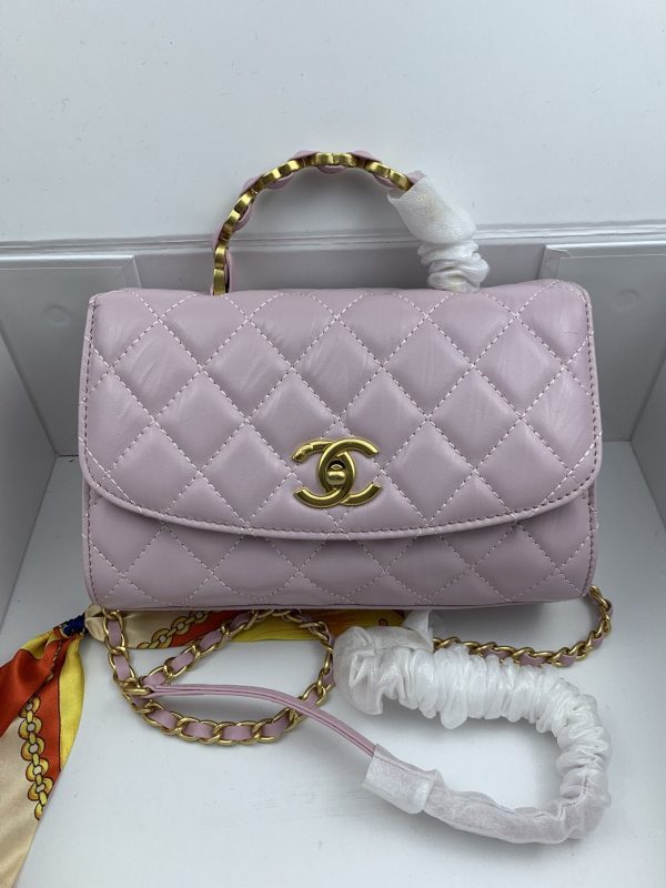Chanel Mini Flap Bag With Top Handle Lambskin Gold Tone Metal Light Pink
