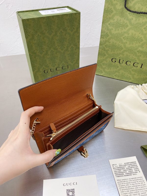 Gucci Jackie 1961 GG Monogram Blue Denim Leather Trim Chain Wallet Clutch Bag