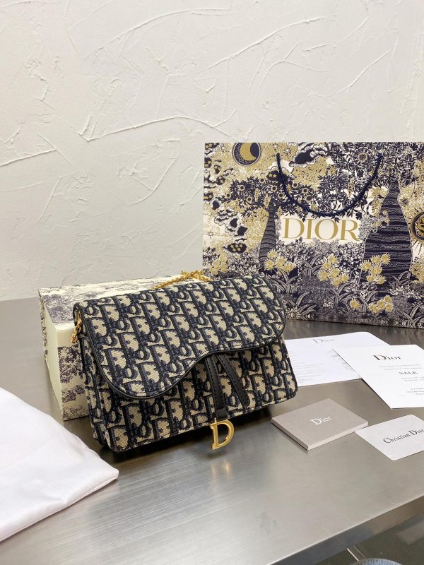 Dior Saddle Pouch With Chain Blue Dior Oblique Jacquard Women