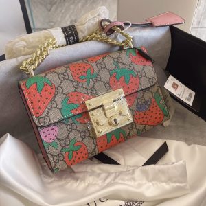 Gucci Padlock Shoulder Bag GG Strawberry Small Beige/Ebony Multicolor
