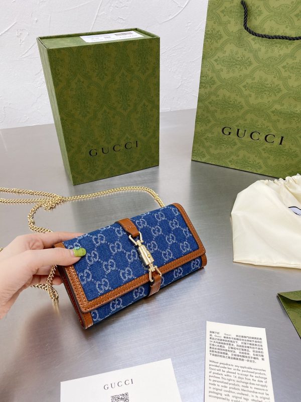 Gucci Jackie 1961 GG Monogram Blue Denim Leather Trim Chain Wallet Clutch Bag