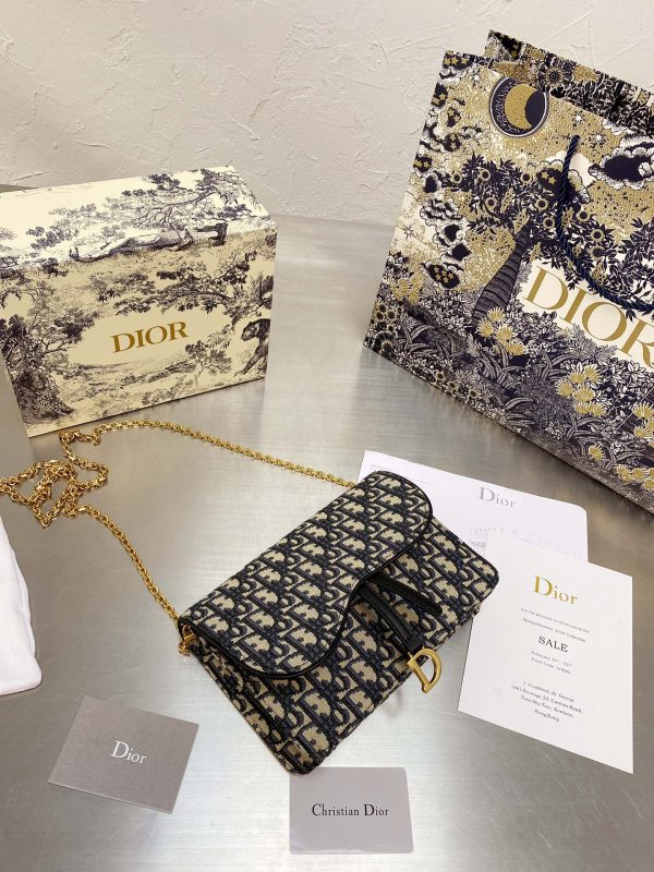 Dior Saddle Pouch With Chain Blue Dior Oblique Jacquard Women