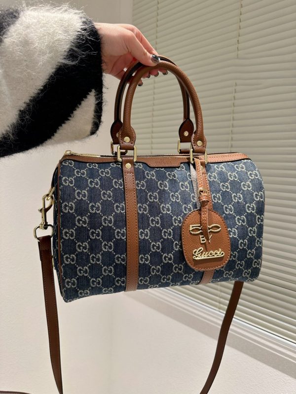 Gucci 247205 Blue Vintage Web Gg Denim Boston Bag