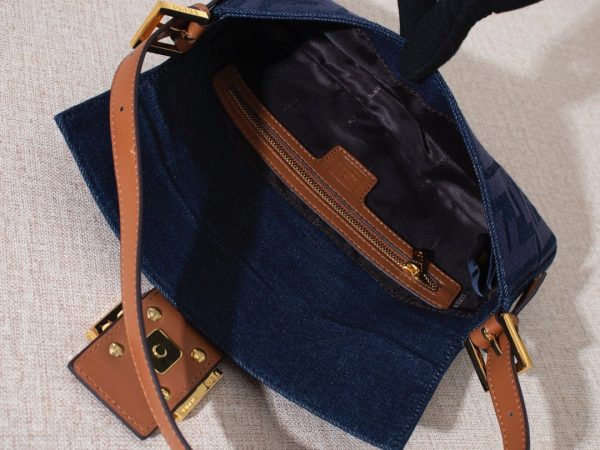 Fendi Blue/Brown Denim and Leather Baguette Crossbody Bag