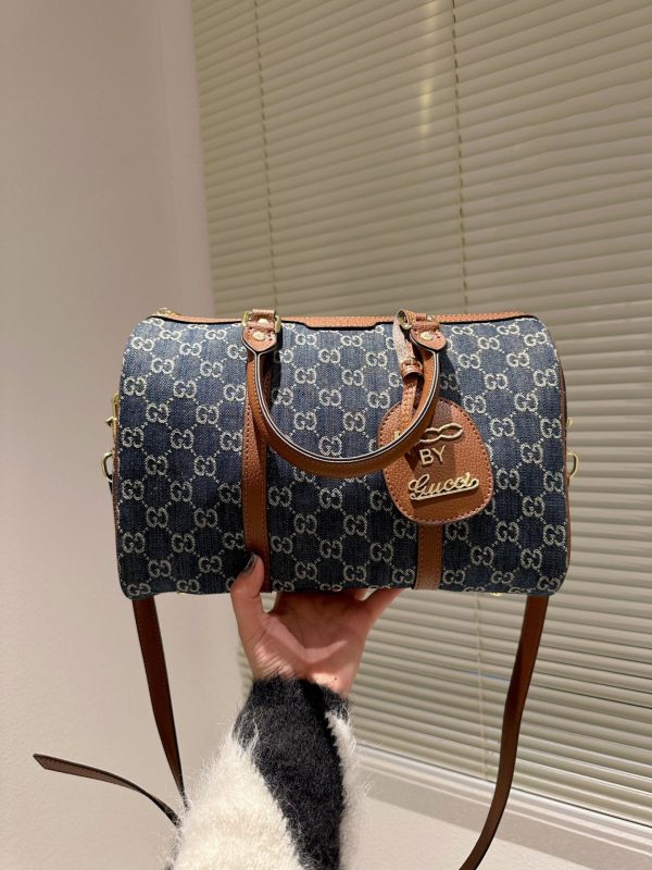 Gucci 247205 Blue Vintage Web Gg Denim Boston Bag