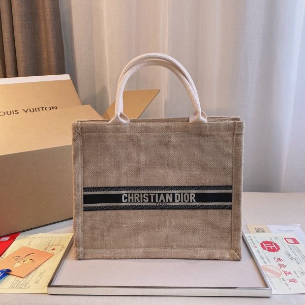 Christian Dior Natural Cannage Raffia Medium Book Tote Beige