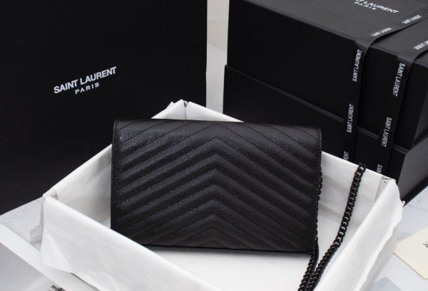 Saint Laurent Matelasse Grain de Poudre Matte Black Monogram Chain Wallet