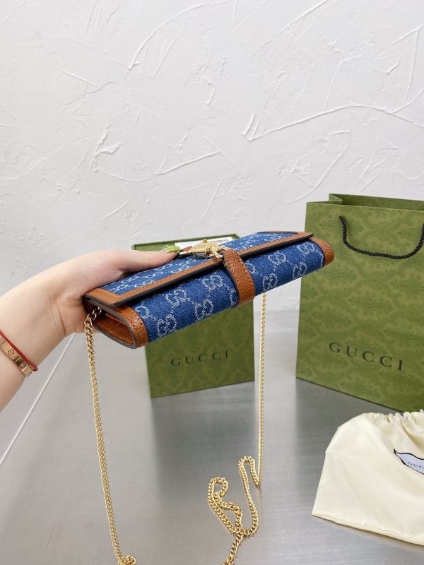 Gucci Jackie 1961 GG Monogram Blue Denim Leather Trim Chain Wallet Clutch Bag