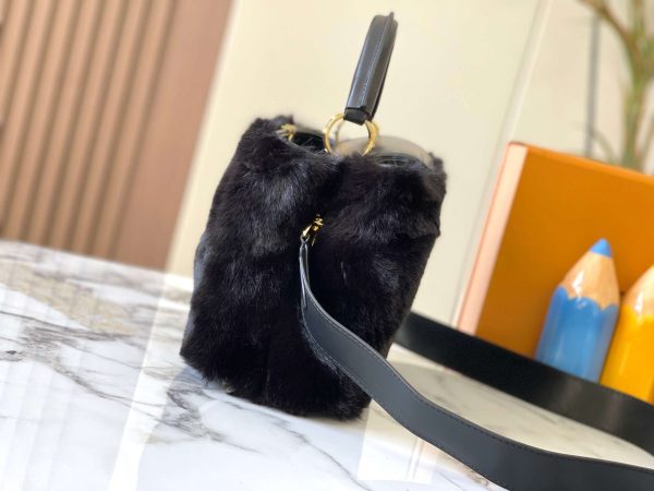 Louis Vuitton Capucines BB Handbag Leather Mink Fur Olive Beige Shoulder Bag
