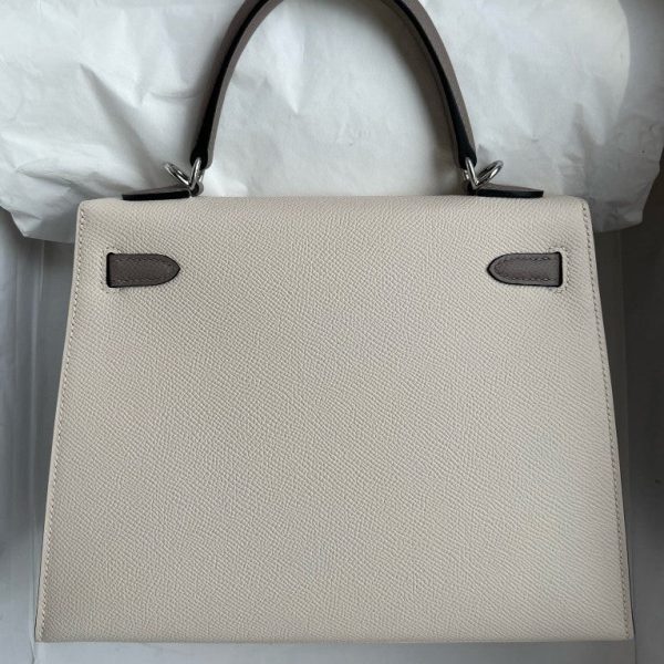 H KELLY EPSOM CK10 CREAMY WHITE & M8 GRIS ASPHALTE SILVER HARDWARE 25CM