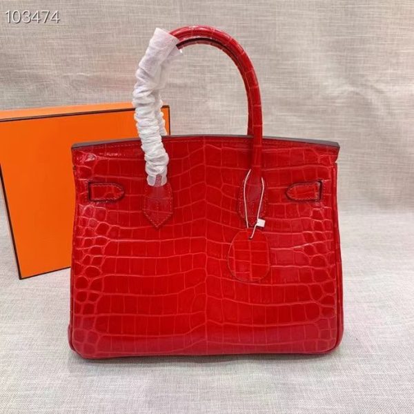 H A SHINY SANGUINE POROSUS CROCODILE BIRKIN 30 WITH GOLD HARDWARE RED 30CM