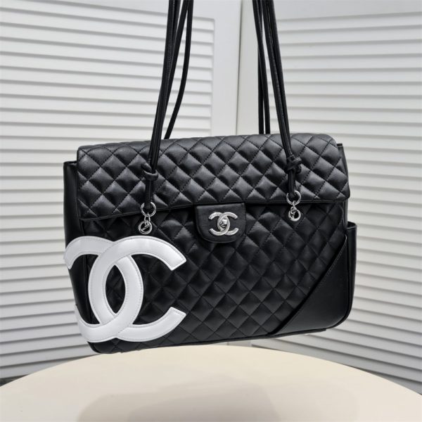 CHANEL Black Lambskin Leather Cambon Handbag