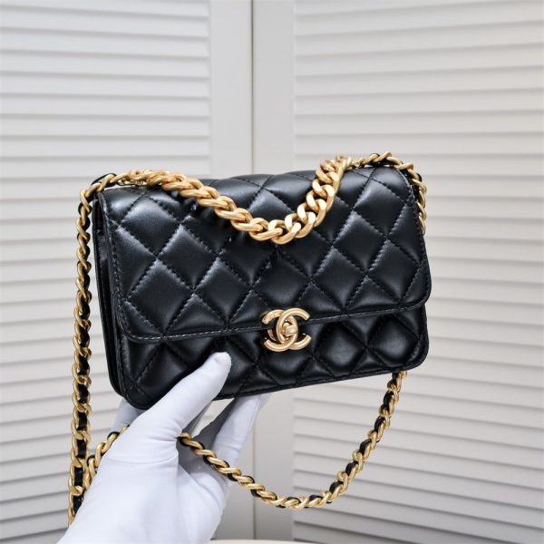 Chanel Quilted Wallet on Chain WOC Adjustable Chain Black Lambskin Aged Gold Hardware 22K