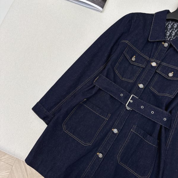 Long Belted Jacket Blue Raw Cotton Denim with Dior Oblique Interior