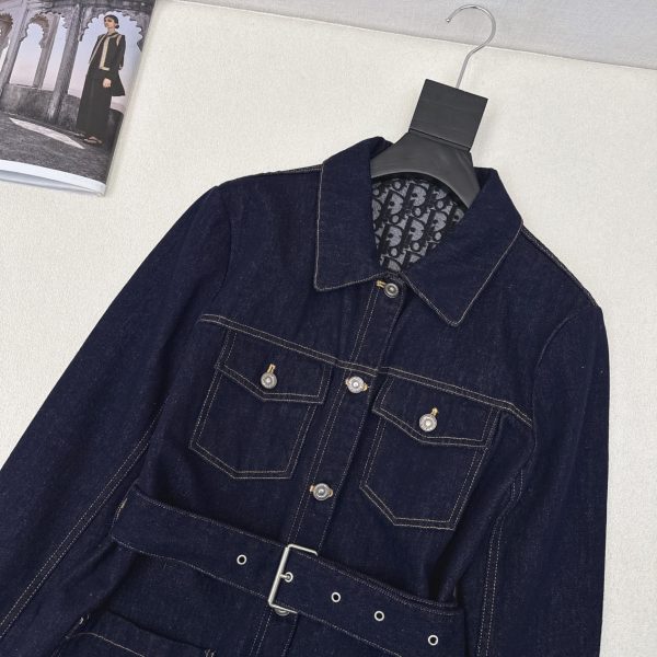 Long Belted Jacket Blue Raw Cotton Denim with Dior Oblique Interior