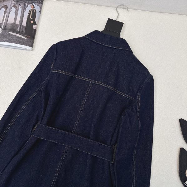 Long Belted Jacket Blue Raw Cotton Denim with Dior Oblique Interior