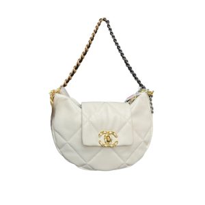 CHANEL 19 HOBO BAG LAMBSKIN MIXED METAL HARDWARE WHITE 28CM