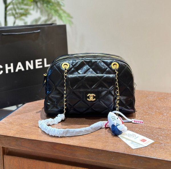 CHANEL MAXI BOWLING SHOULDER BAG WITH CHAIN IN BLACK 28CM