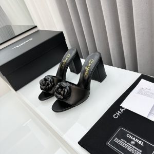 CHANEL CAMELLIA MEDIUM HEEL SLIPPERS LAMBSKIN BLACK