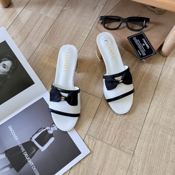 CHANEL GROSGRAIN RIBBON BOW MULE LEATHER WHITE