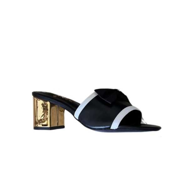 CHANEL GROSGRAIN RIBBON BOW MULE LEATHER GOLD BLACK