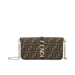 FENDI FENDIGRAPHY FF FABRIC WALLET ON CHAIN BROWN 21CM 8BS076 AD23