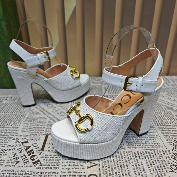 GUCCI HORSEBIT PLATFORM SANDAL GG EMBELLISHED ‎WHITE