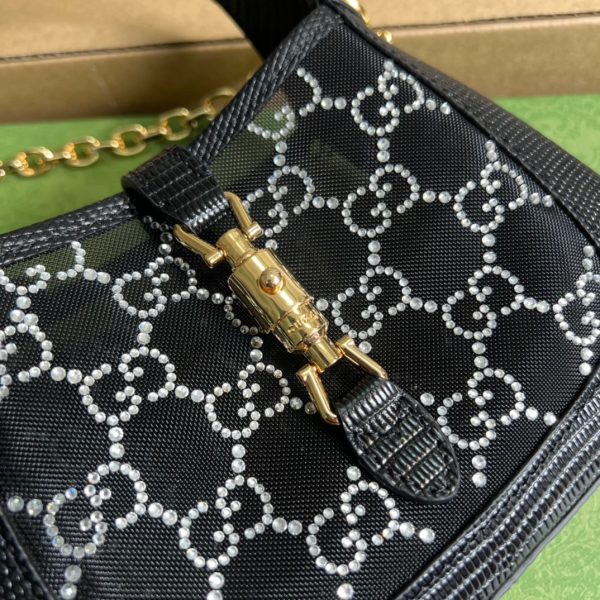 GUCCI JACKIE 1961 MINI CRYSTAL GG LIZARD BAG BLACK 19CM 677027 F13HG 1083