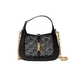 GUCCI JACKIE 1961 MINI CRYSTAL GG LIZARD BAG BLACK 19CM 677027 F13HG 1083