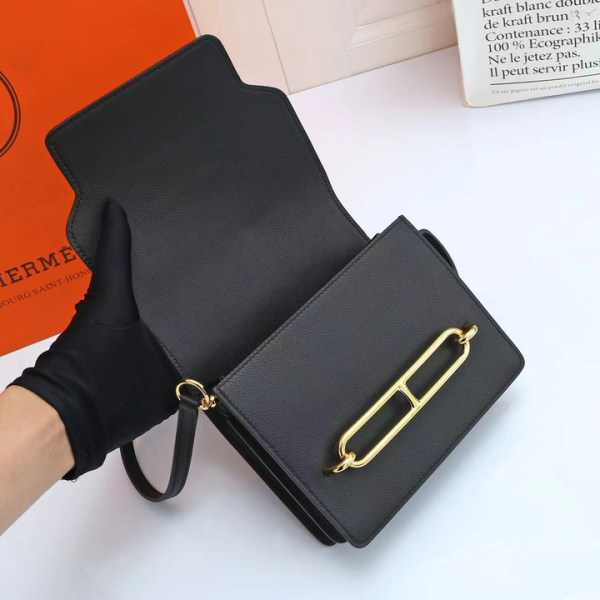 HERMÈS SHINY ALLIGATOR MINI ROULIS PERMABRASS HARDWARE BLACK 18CM