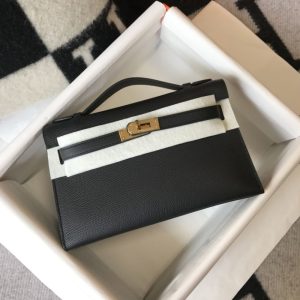 HERMES MINI KELLY POCHETTE GOLD TONED HARDWARE BLACK 22CM