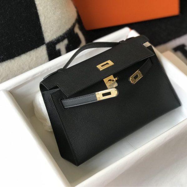 HERMES MINI KELLY POCHETTE GOLD TONED HARDWARE BLACK 22CM