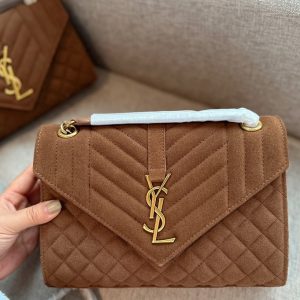 SAINT LAURENT ENVELOPE MEDIUM MATELASSÉ SUEDE SHOULDER BAG BROWN 24CM