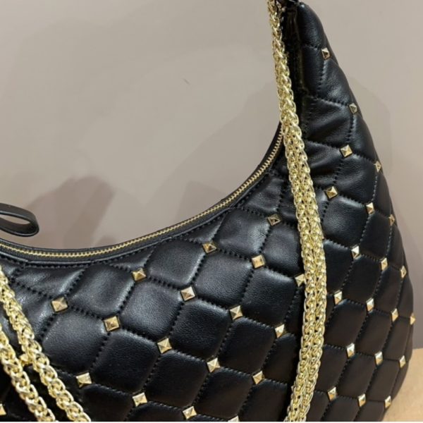 VALENTINO ROCKSTUD SPIKE LEATHER HOBO BAG BLACK 28CM 3W2B0M32WAS