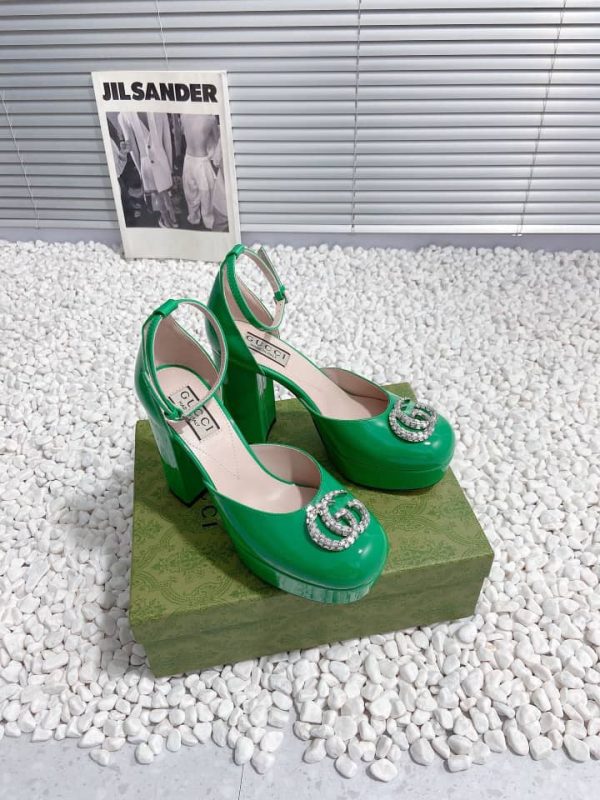 GUCCI WOMEN’S PLATFORM PUMP WITH GREEN DOUBLE G ‎762386 BNC00 3727