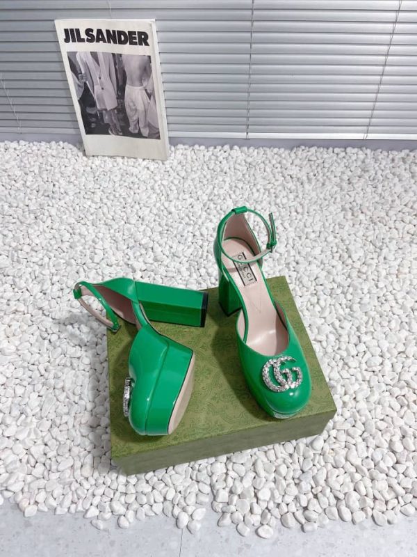 GUCCI WOMEN’S PLATFORM PUMP WITH GREEN DOUBLE G ‎762386 BNC00 3727