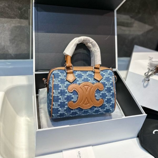 CELINE SMALL BOSTON WITH TRIOMPHE ALL OVER AND CALFSKIN IN DENIM BLUE 20CM 113772FY6 07DD