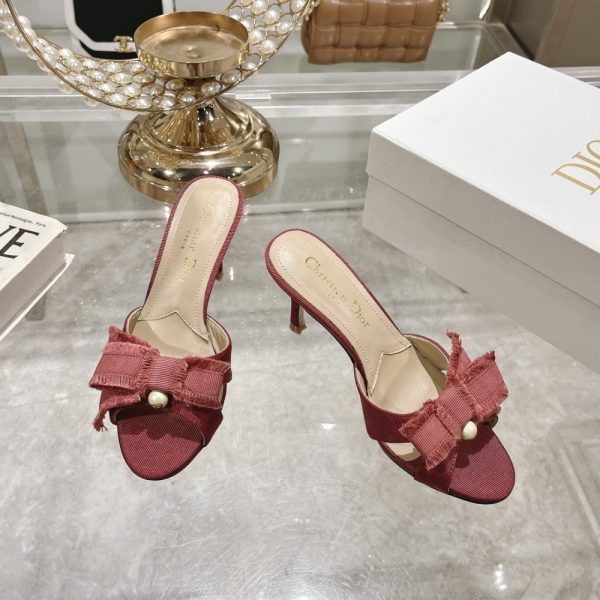 DIOR ADIORABLE HEELED SLIDE RED FRINGED GROSGRAIN