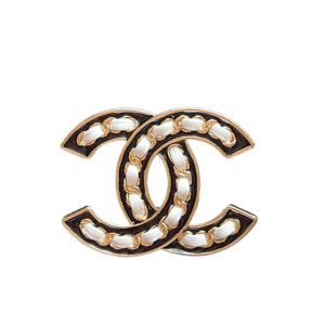 CHANEL CC BROOCH BLACK WITH WHITE INTERWOVEN CHAIN PATTERN